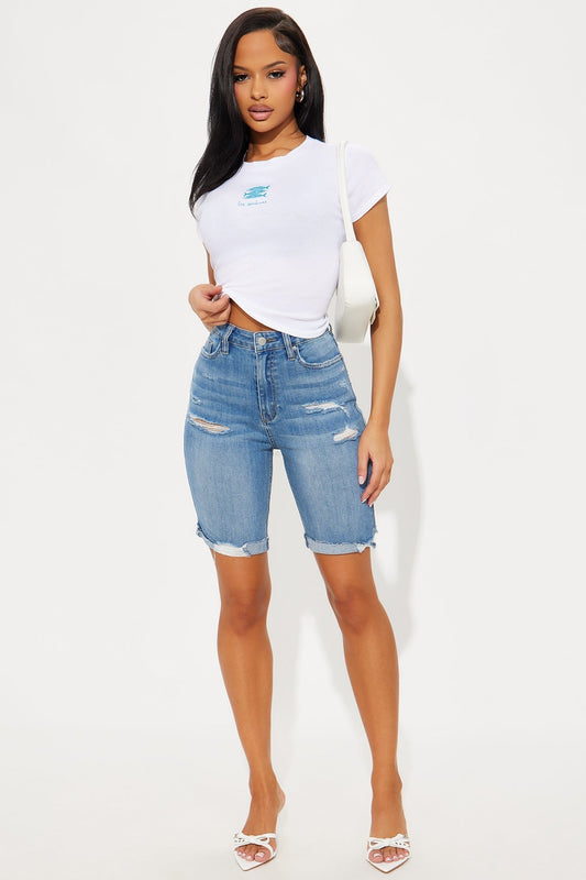 Almost There Stretch Denim Bermuda Shorts - Medium Wash