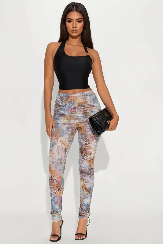 Concrete Jungle Leopard Print Fold Over Stacked Mesh Legging - Purple/combo