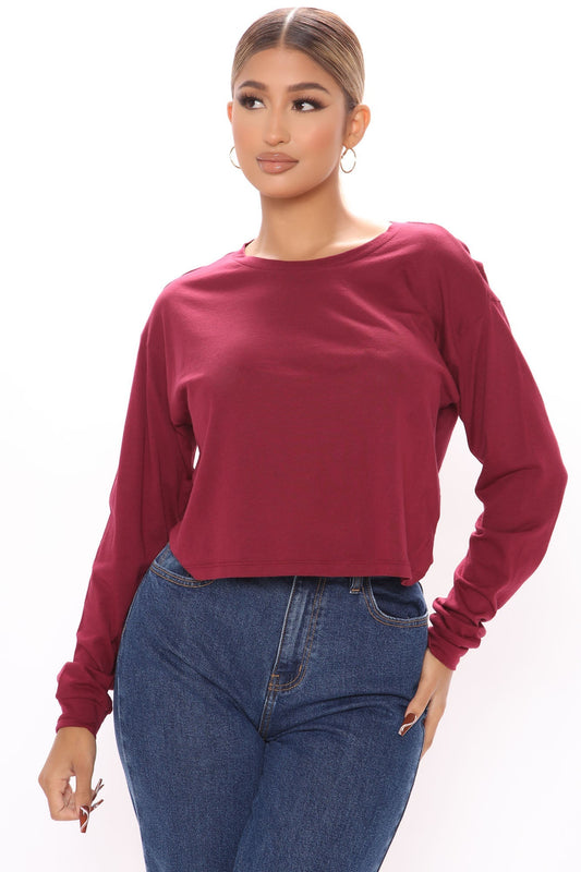 Leslie Long Sleeve Cropped Tee - Wine