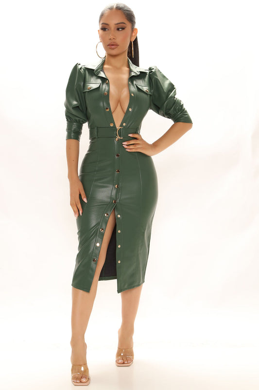 All For Looks Faux Leather Midi Dress - Hunter