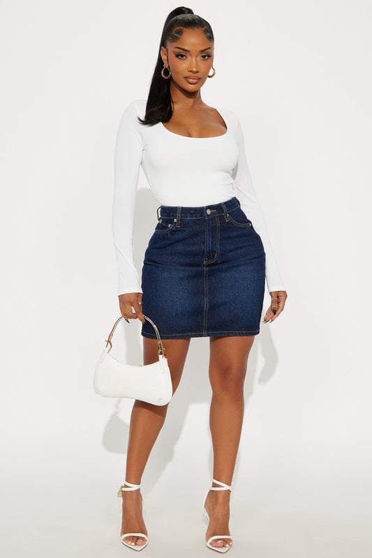 Rayna Dark Wash Denim Midi Pencil Skirt - Dark Wash