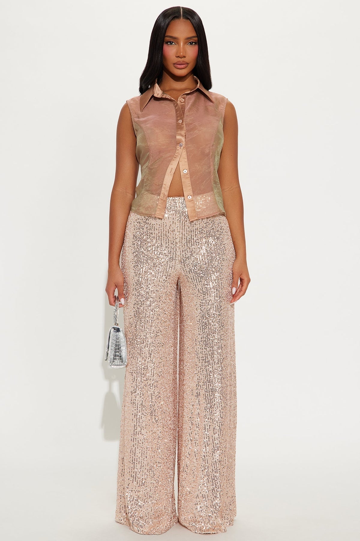 Champagne Wishes Sequin Wide Leg Pant 32″ - Rose Gold