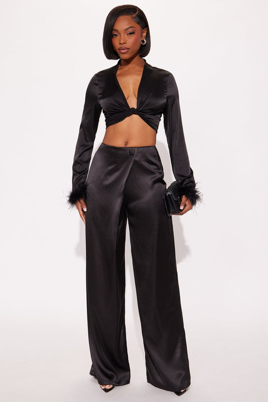 Athena Satin Wrap Wide Leg Pant 32″ - Black