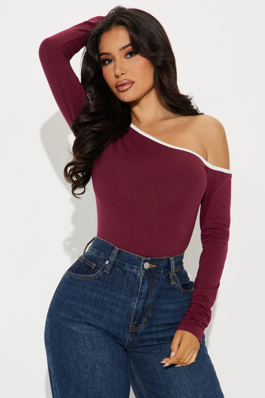 Macie Off Shoulder Long Sleeve Top - Burgundy/combo