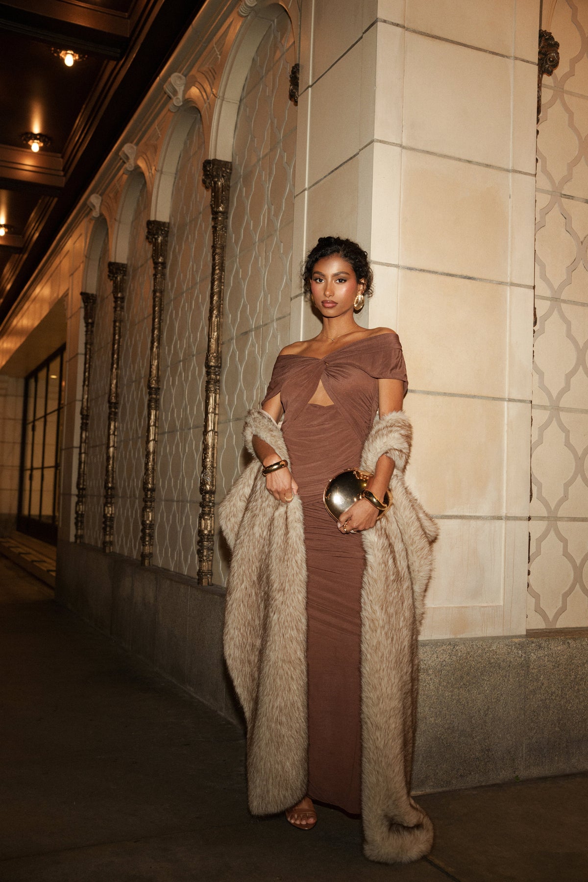 Chocolate Alessandra Off Shoulder Maxi Dress