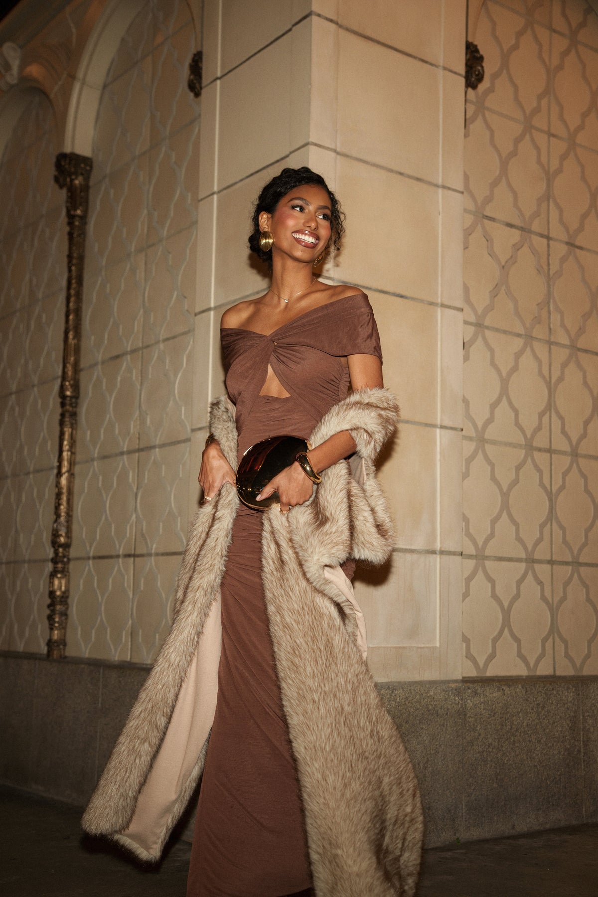 Chocolate Alessandra Off Shoulder Maxi Dress