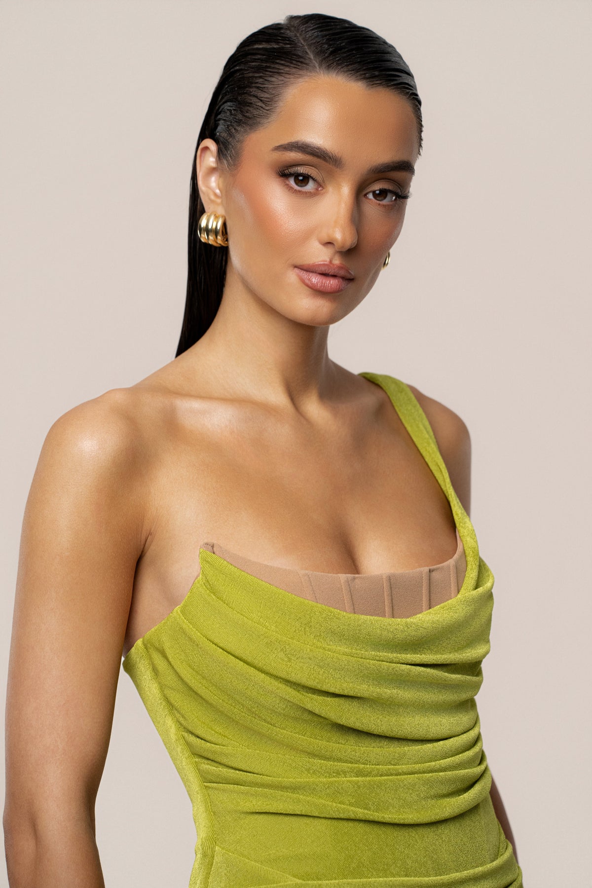 Lime Green Slinky Krishna One Shoulder Maxi Dress